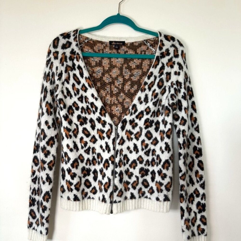 Ella Moss, Fuzzy Angora Wool Blend Zipper Sweater, Leopard Print, Size S